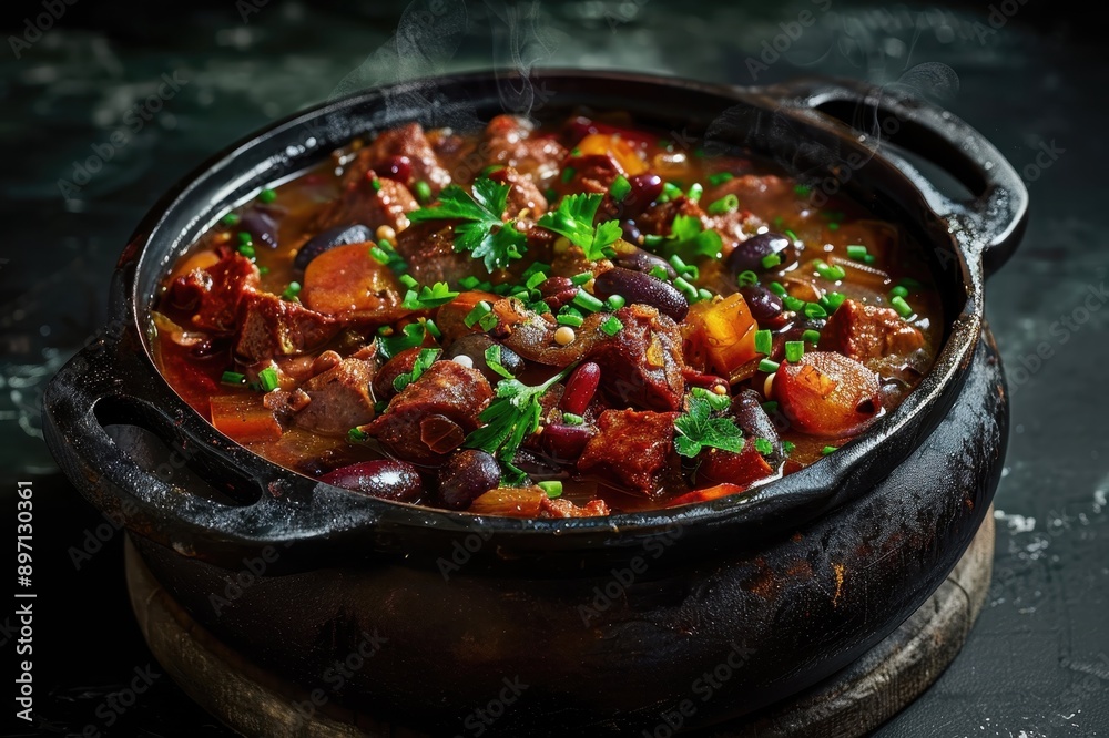 Steaming Pot of Hearty Beef Stew with Vegetables and Beans Steaming Pot of Hearty Beef Stew with Vegetables and Beans
