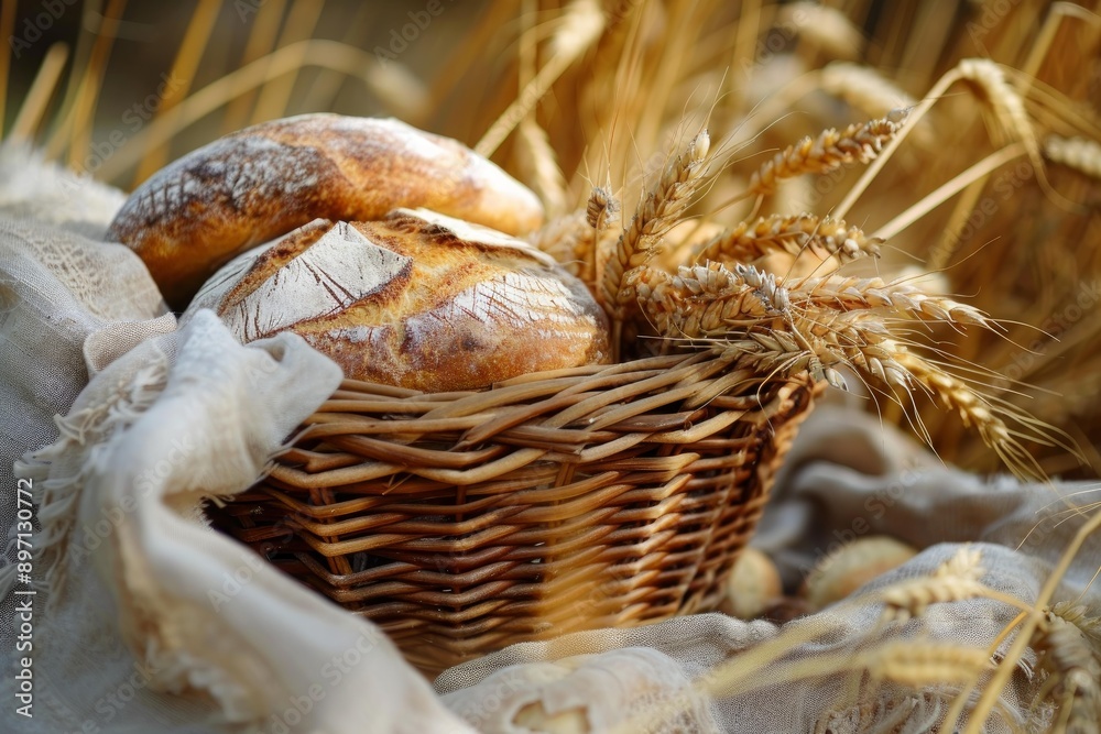 Two round loaves of bread with a golden crust are presented in a wicker basket alongside wheat stalks Two round loaves of bread with a golden crust are presented in a wicker basket alongside wheat stalks