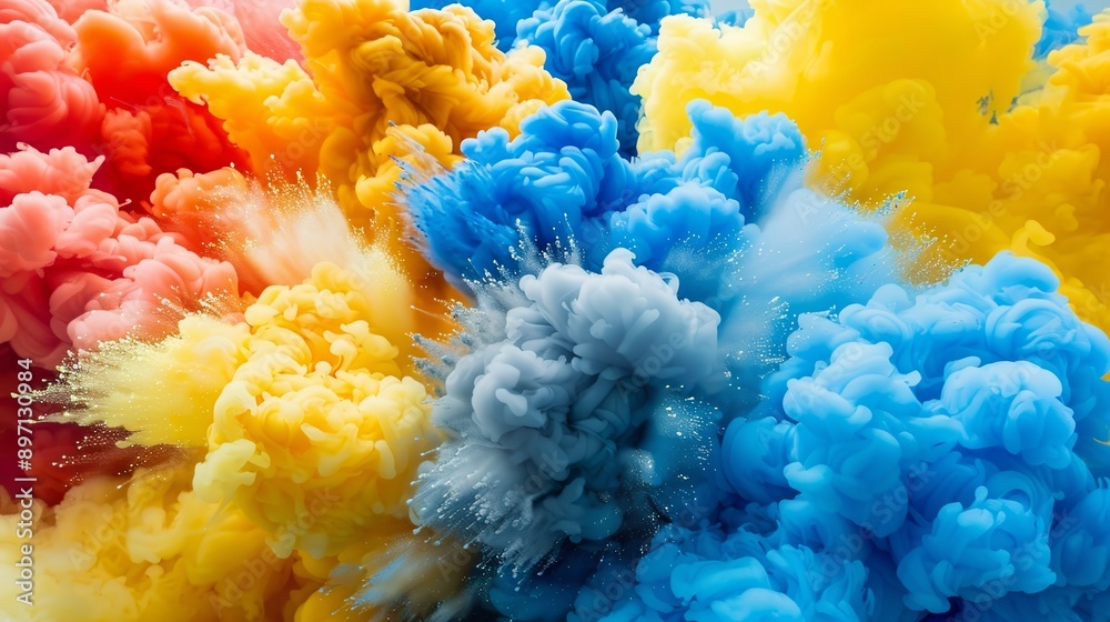 Fototapeta premium Colorful ink explodes in water, creating abstract shapes with a dreamy effect that mesmerizes, blending vibrant blue, yellow, and red hues in a dynamic dance