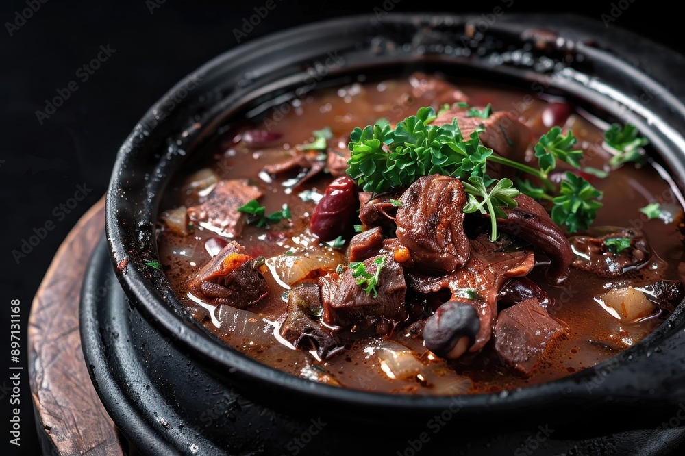 Hearty Beef Stew with Red Beans and Parsley in a Black Pot Hearty Beef Stew with Red Beans and Parsley in a Black Pot