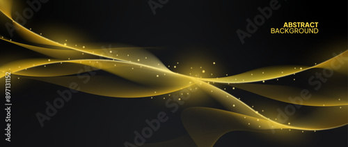 Abstract background with a dark theme and gold ornaments. Elegant gold wave pattern and many stars.