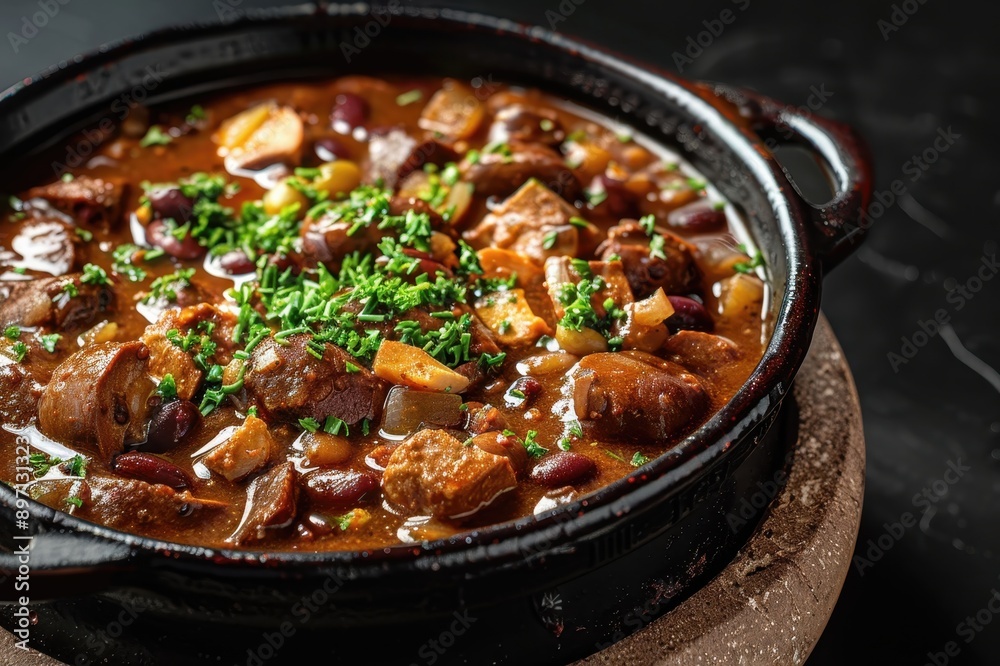 Close-up of Hearty Beef Stew with Red Beans and Herbs in Black Pot Close-up of Hearty Beef Stew with Red Beans and Herbs in Black Pot