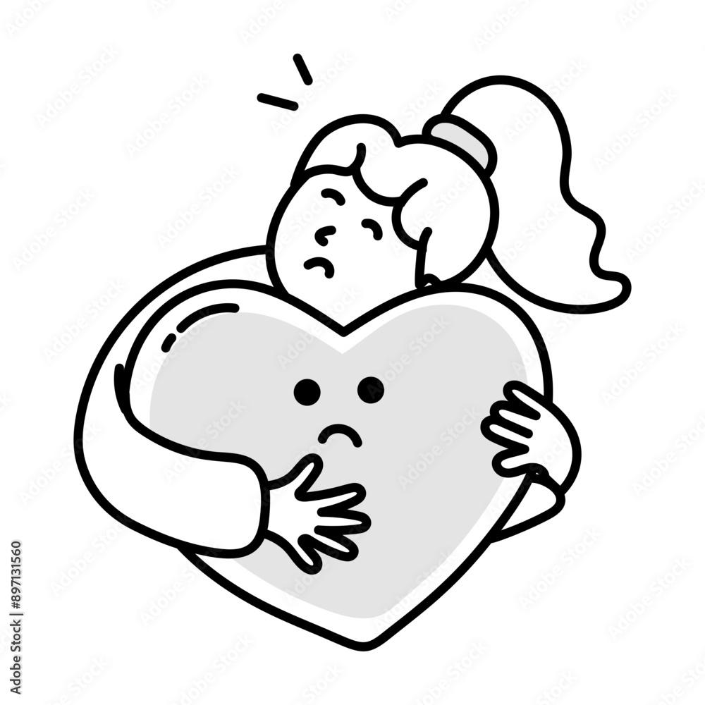 A doodle icon of sad girl hugging heart
A doodle icon of sad girl hugging heart