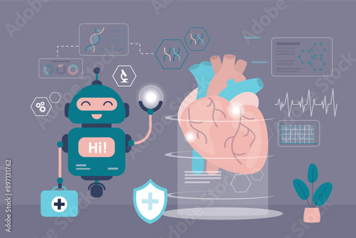 AI healthcare and medical research. Innovative diagnosis and treatment methodic. Chat bot or nanobots help research heartbeat and circulatory system. photo