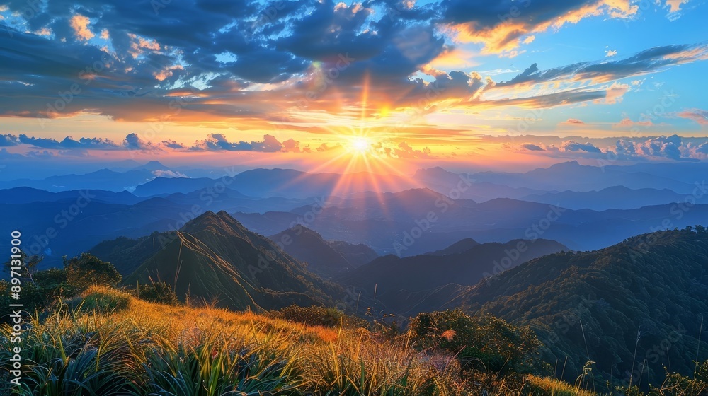 Obraz premium Tranquil mountain view with golden sunrise, peaceful nature, scenic beauty