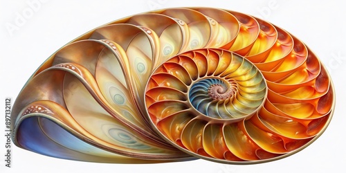 Vibrant illustration of a nautilus shell's cross-section, revealing its intricate logarithmic spiral, chambered sections, and delicate inner architecture in stunning detail.