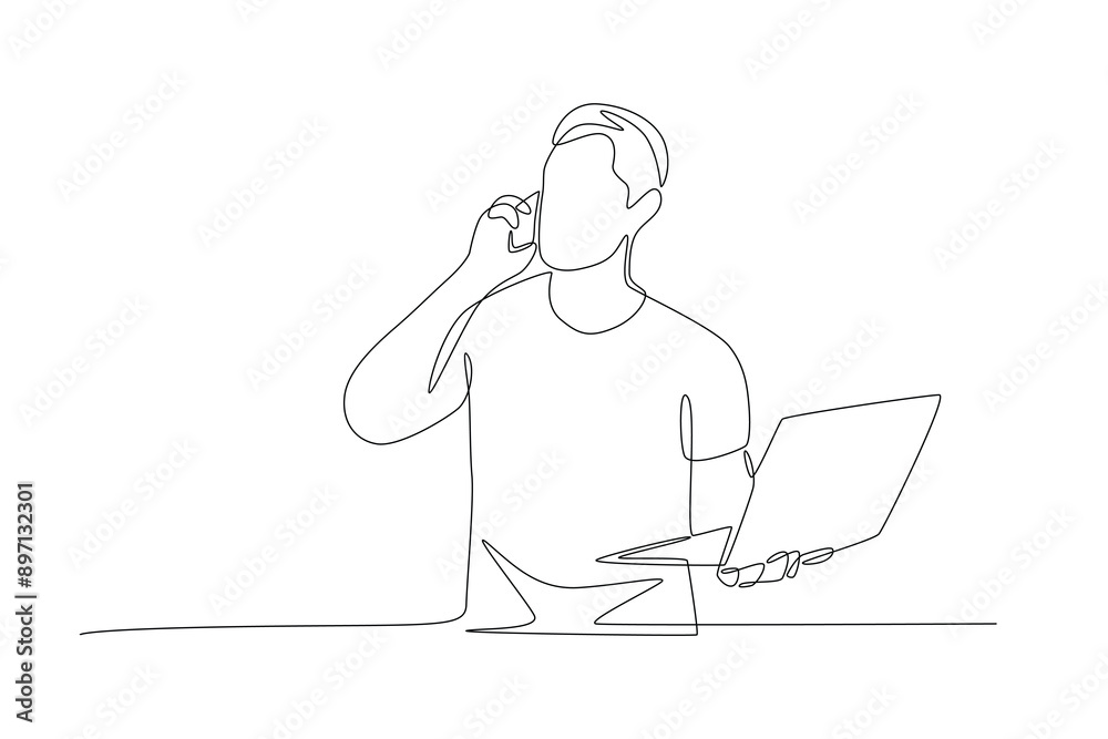 Man calling while holding laptop. Multitasking concept one-line drawing Man calling while holding laptop. Multitasking concept one-line drawing