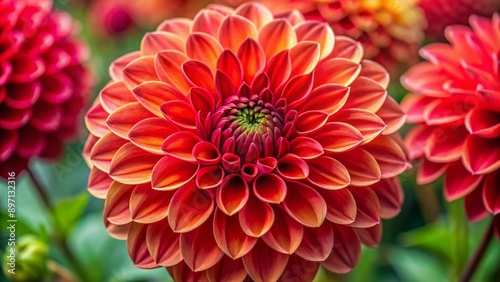 Vibrant red-centered dahlia flower displays intricate petals in sharp closeup, ideal for macro photography or floral design, showcasing nature's beauty and delicate details.