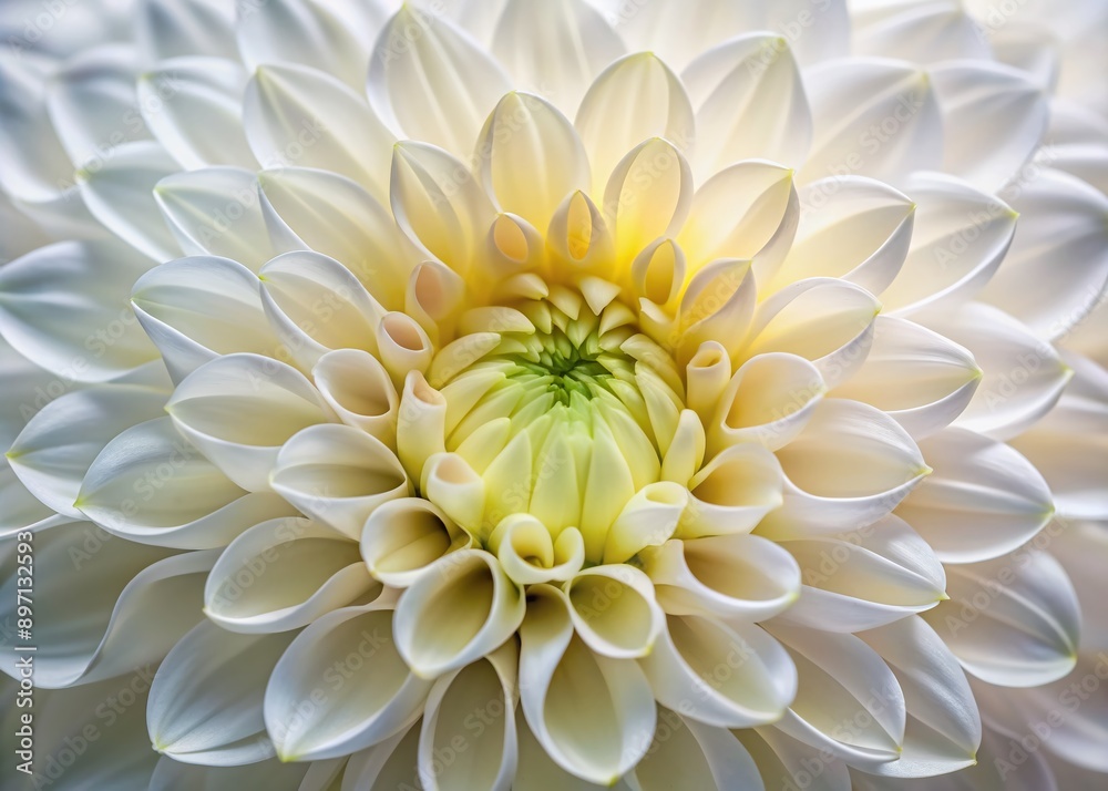 Delicate white petals of a freshly bloomed dahlia unfold from the center, showcasing intricate details and soft textures in a stunning macro photograph with adequate copy space. Delicate white petals of a freshly bloomed dahlia unfold from the center, showcasing intricate details and soft textures in a stunning macro photograph with adequate copy space.