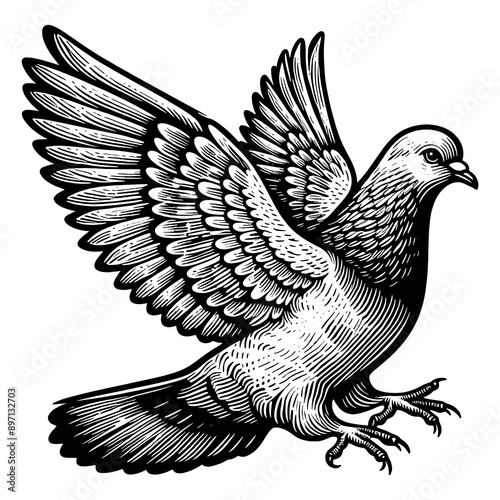 Pigeon dove bird animal sketch engraving generative ai fictional character PNG illustration. Scratch board imitation. Black and white image. photo