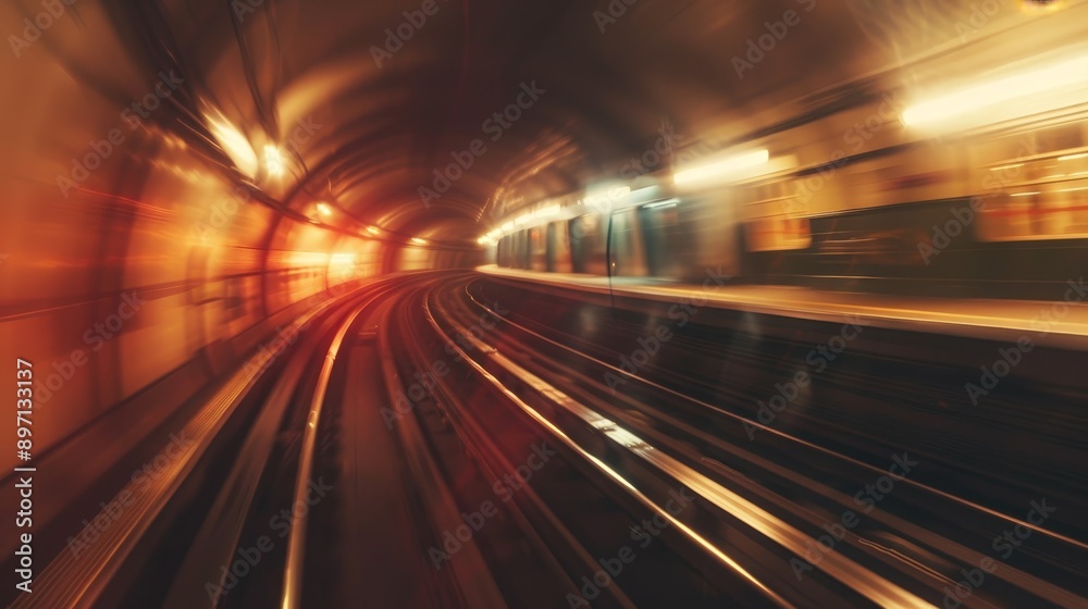 A train speeding through a tunnel, capturing the motion blur effect of the speeding train, the tunnel walls, and the platform lights. This image symbolizes speed, movement, travel, and technology. A train speeding through a tunnel, capturing the motion blur effect of the speeding train, the tunnel walls, and the platform lights. This image symbolizes speed, movement, travel, and technology.