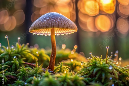 Wallpaper Mural Delicate fungal cap glistens with tiny water droplets, showcasing intricate texture and earthy tones in a serene, moss-covered forest floor setting at dawn. Torontodigital.ca