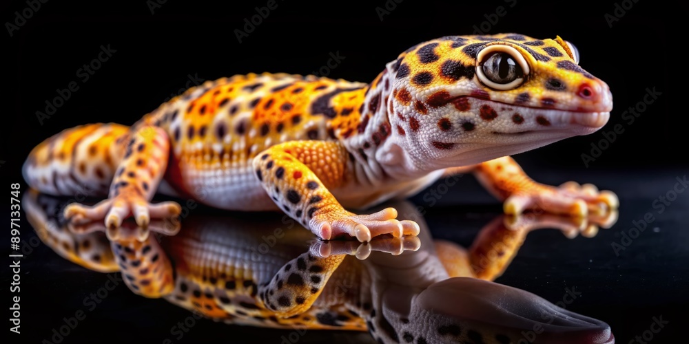 Naklejka premium Isolated leopard gecko with vibrant patterning and calm demeanor rests against a dark black background, providing ample copy space for striking visual compositions.
