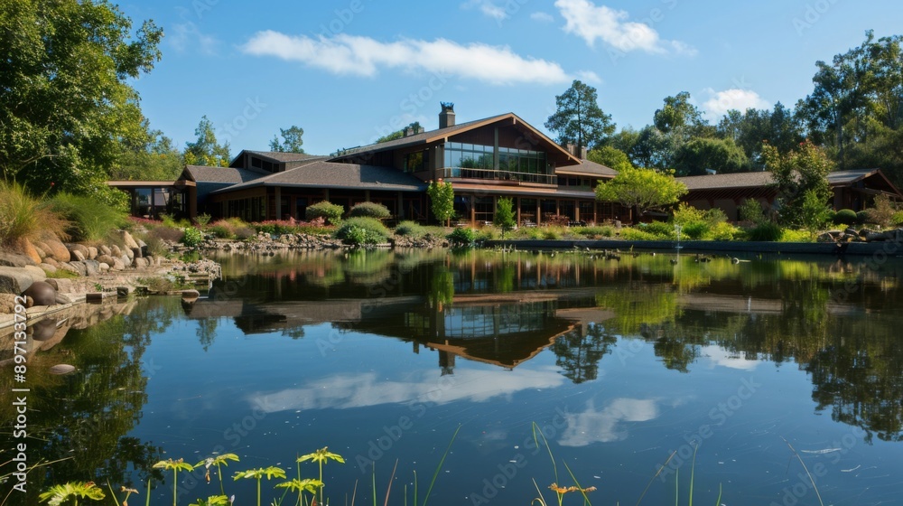 A big wooden lodge on the pond's edge, surrounded by greenery. Blue sky with fluffy clouds reflecting in the pond beside the lodge A big wooden lodge on the pond's edge, surrounded by greenery. Blue sky with fluffy clouds reflecting in the pond beside the lodge