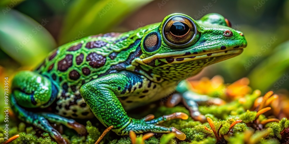 Vibrant green forest surroundings blur behind an ornate frog's elaborate camouflage, showcasing intricate patterns and textures in stunning macro detail. Vibrant green forest surroundings blur behind an ornate frog's elaborate camouflage, showcasing intricate patterns and textures in stunning macro detail.