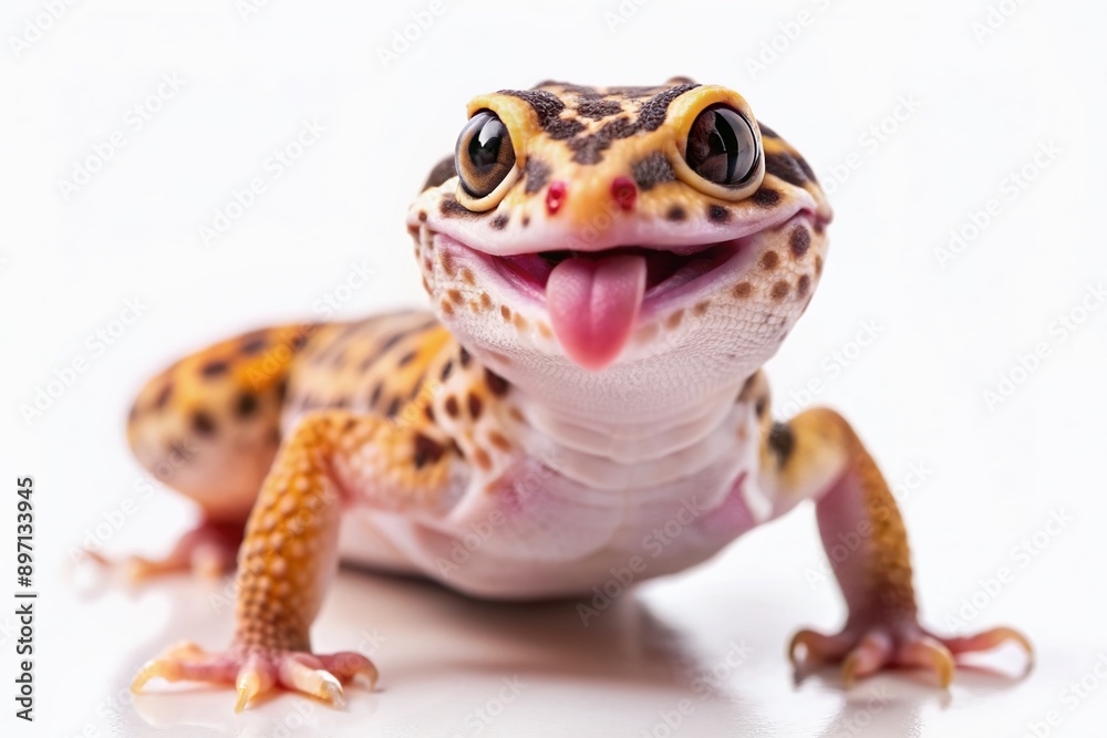 Adorable curious leopard gecko stands on a plain white background, sticking out its tiny pink tongue, showcasing its unique reptilian features and playful nature. Adorable curious leopard gecko stands on a plain white background, sticking out its tiny pink tongue, showcasing its unique reptilian features and playful nature.