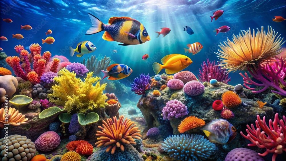 Naklejka premium Vibrant coral reef ecosystem teeming with diverse marine life, colorful fish, and delicate sea anemones, set against a soft, blurred blue background, showcasing underwater beauty.