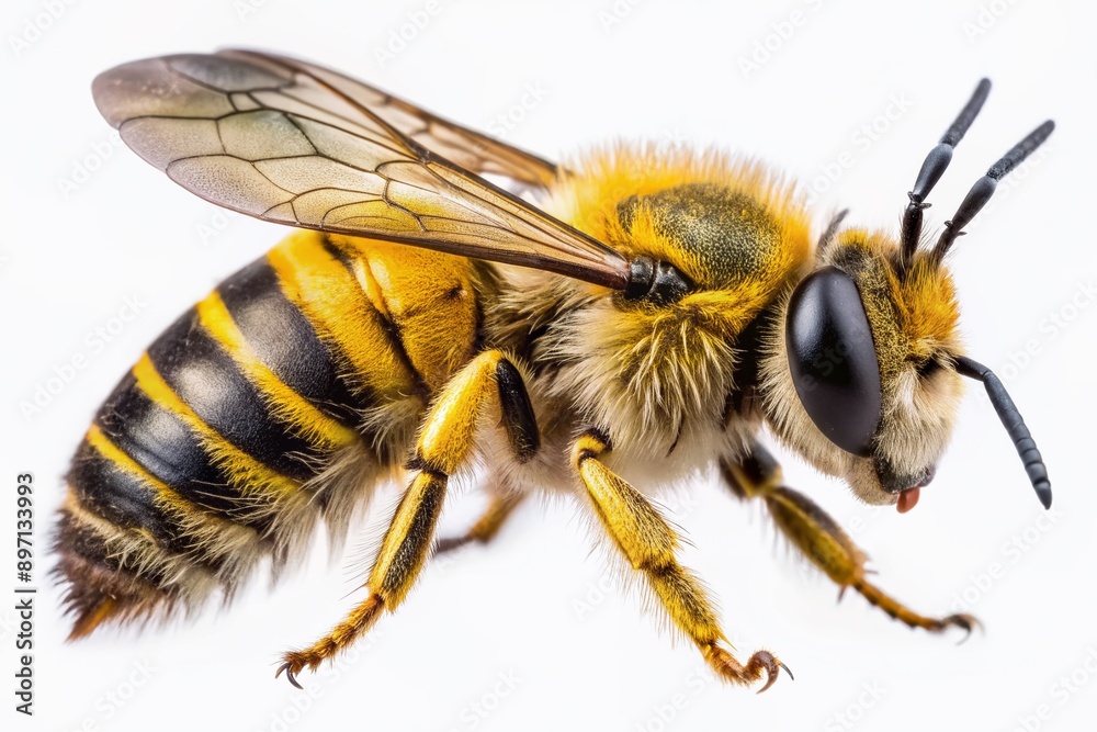Close-up of a solitary bee with intricate yellow and black stripes, delicate wings, and fuzzy body, isolated on a pure white or transparent background. Close-up of a solitary bee with intricate yellow and black stripes, delicate wings, and fuzzy body, isolated on a pure white or transparent background.