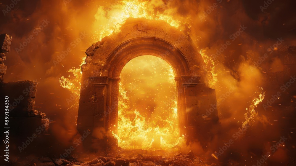 ancient stone archway ablaze with mystical flames otherworldly portal to forgotten realms