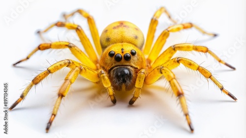 Close-up of a bright yellow sac spider with striking black eyes and intricate leg patterns, isolated on a pure white background for maximum visibility.