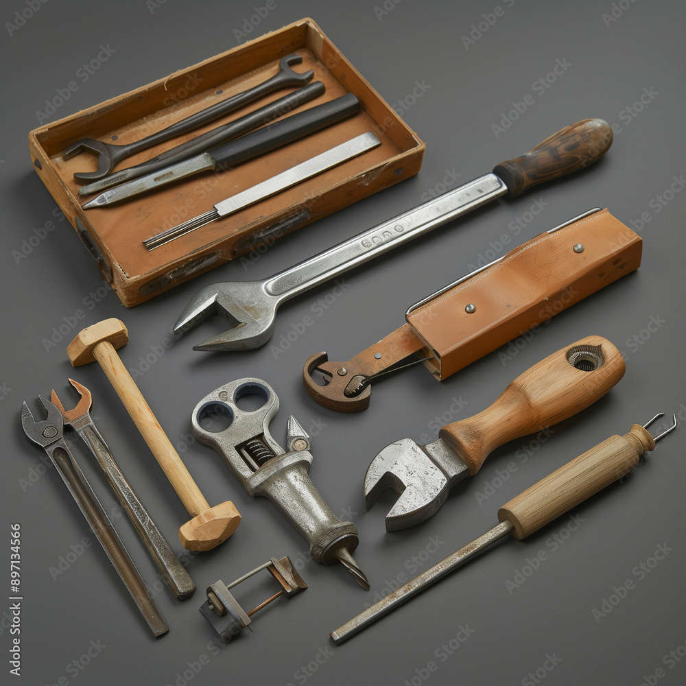 Studio Photo: Handy Tool Set on a Workshop Gray Background Studio Photo: Handy Tool Set on a Workshop Gray Background