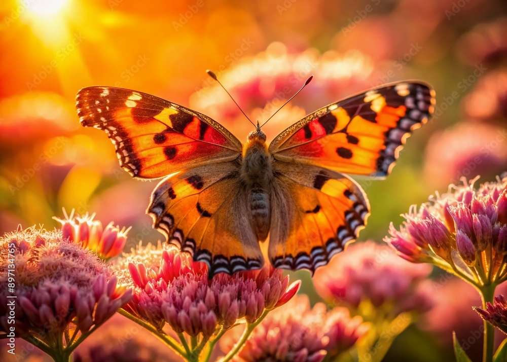 Vibrant orange and black butterfly perches on a delicate pink flower, illuminated by warm sunset sunlight, with intricate wings and antennae showcased in sharp macro detail. Vibrant orange and black butterfly perches on a delicate pink flower, illuminated by warm sunset sunlight, with intricate wings and antennae showcased in sharp macro detail.