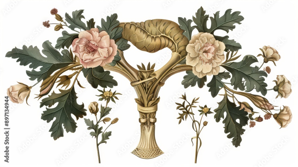 Fototapeta premium A symbolic representation of the uterus, depicted with floral and leaf motifs, symbolizing the female reproductive system 