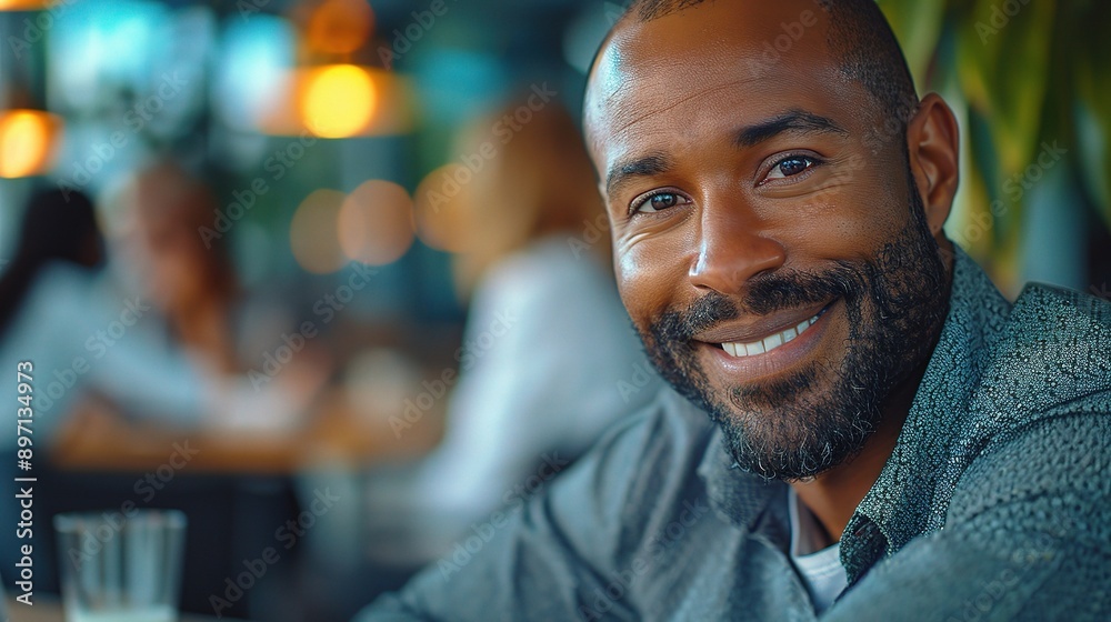 Confident and Content: A portrait of a smiling, mature African American man with a beard, looking directly at the camera, radiating confidence and positivity. Confident and Content: A portrait of a smiling, mature African American man with a beard, looking directly at the camera, radiating confidence and positivity.