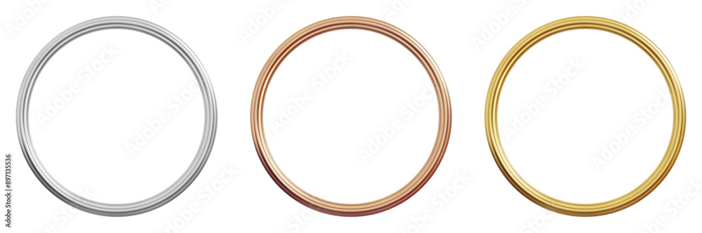 3d circle frames silver, bronze and gold color. Stock vector illustration on isolated background.