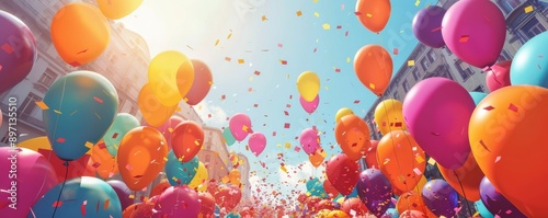 Wallpaper Mural Colorful balloons and confetti floating in street celebration with sunny sky Torontodigital.ca