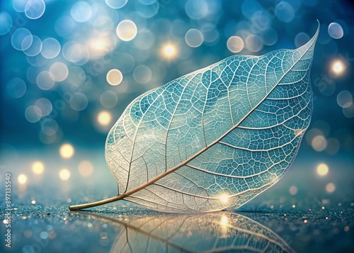 Delicate skeletonized white leaf with intricate veins rests on a soft light blue background, surrounded by dreamy bokeh, evoking a sense of ethereal elegance and wonder.