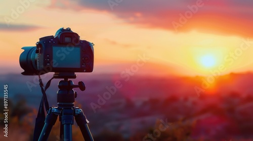 Camera on tripod and photography view camera with blurred focus landscape of sunset sunrise sun light sky cloud