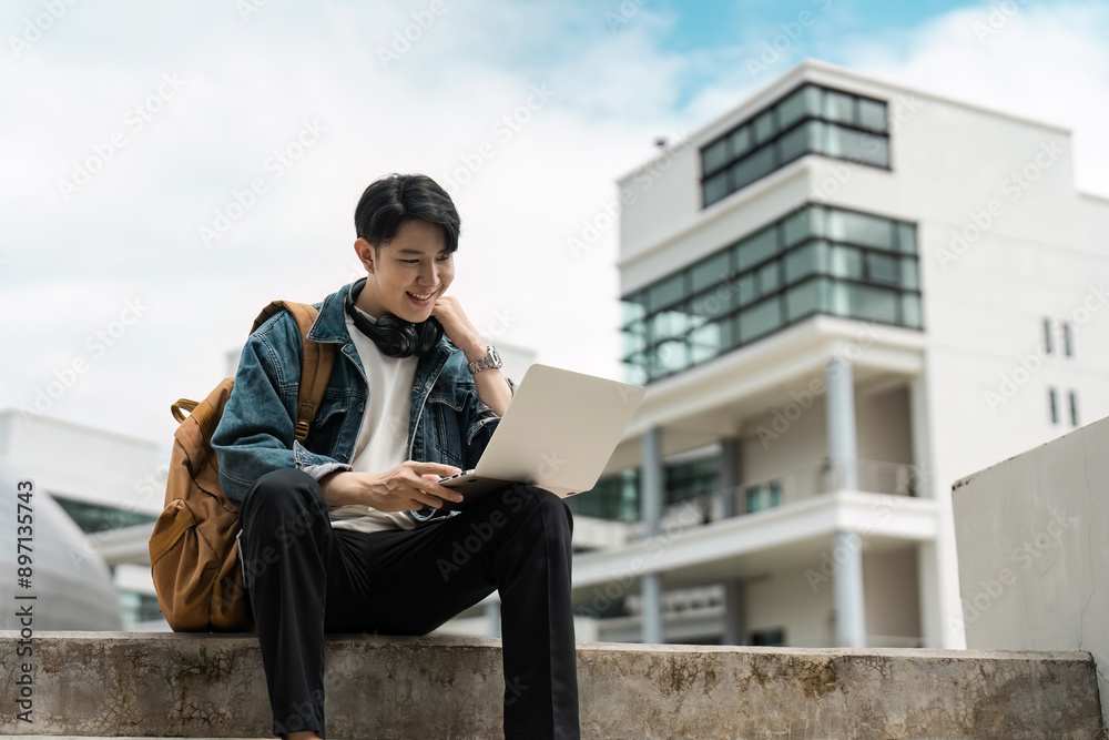 Fototapeta premium Young Traveler Using Laptop Outdoors in Urban Setting with Modern Architecture in the Background