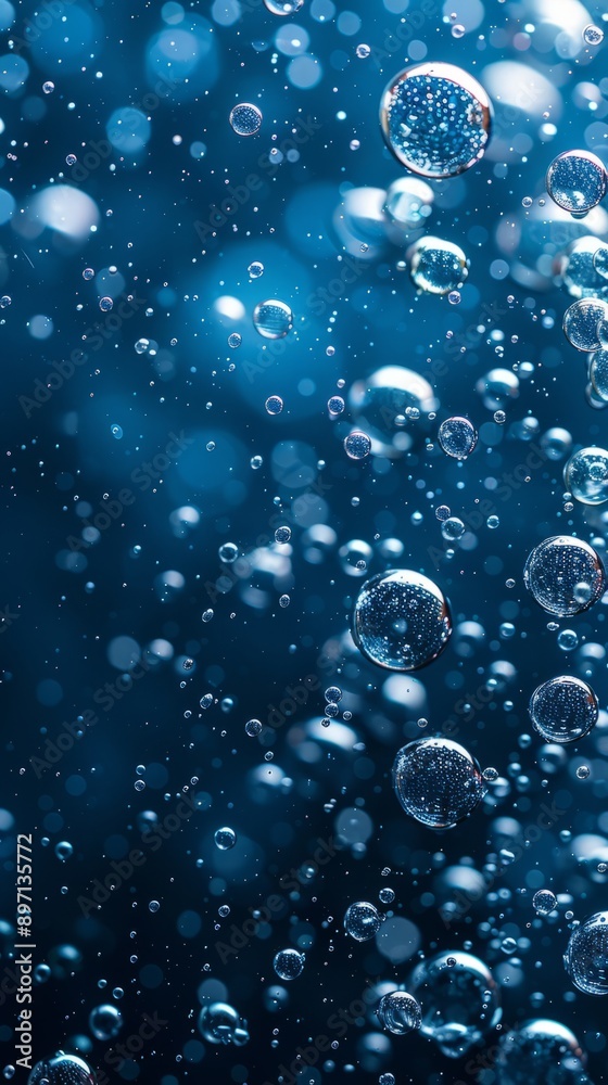  poster. full of transparent soap bubbles around edges. dark blue and cyan colors.