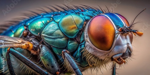 Vibrant close-up of a common housefly's compound eyes, hairs, and metallic blue body, isolated on a neutral background, showcasing intricate details and textures. photo