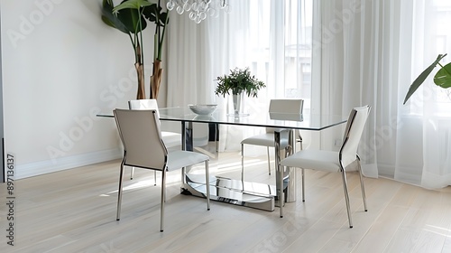 Contemporary dining table with glass top and metal legs in a bright dining room