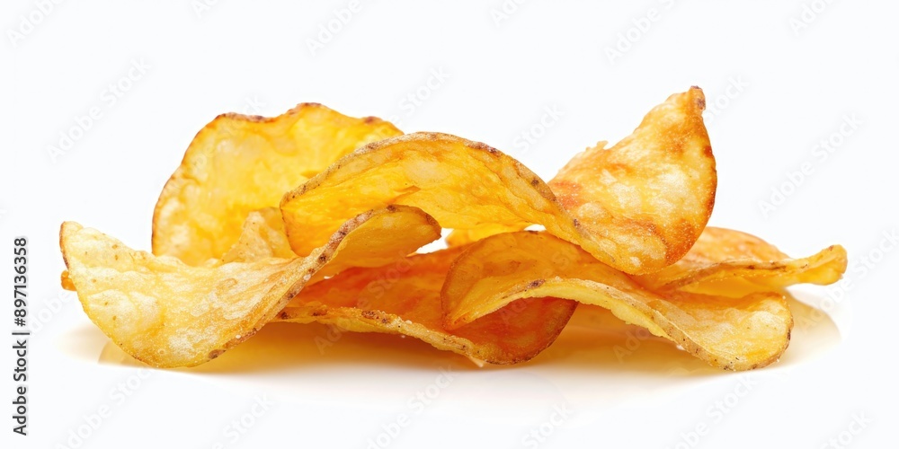 A stack of crispy potato chips on a clean white surface A stack of crispy potato chips on a clean white surface