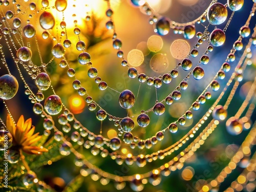 Vibrant morning dewdrops sparkle like tiny diamonds on intricate spiderweb threads, delicately suspended in mid-air, showcases nature's ephemeral beauty in stunning panoramic macro detail. photo