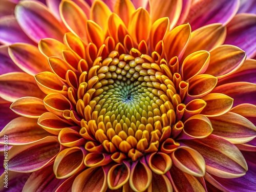 Vibrant orange and yellow petals unfurl from a delicate purple center, showcasing intricate textures and details in this stunning,highly magnified flower macro photograph.