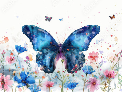 Watercolor Blue Butterfly with Wildflowers, Generative AI Illustration