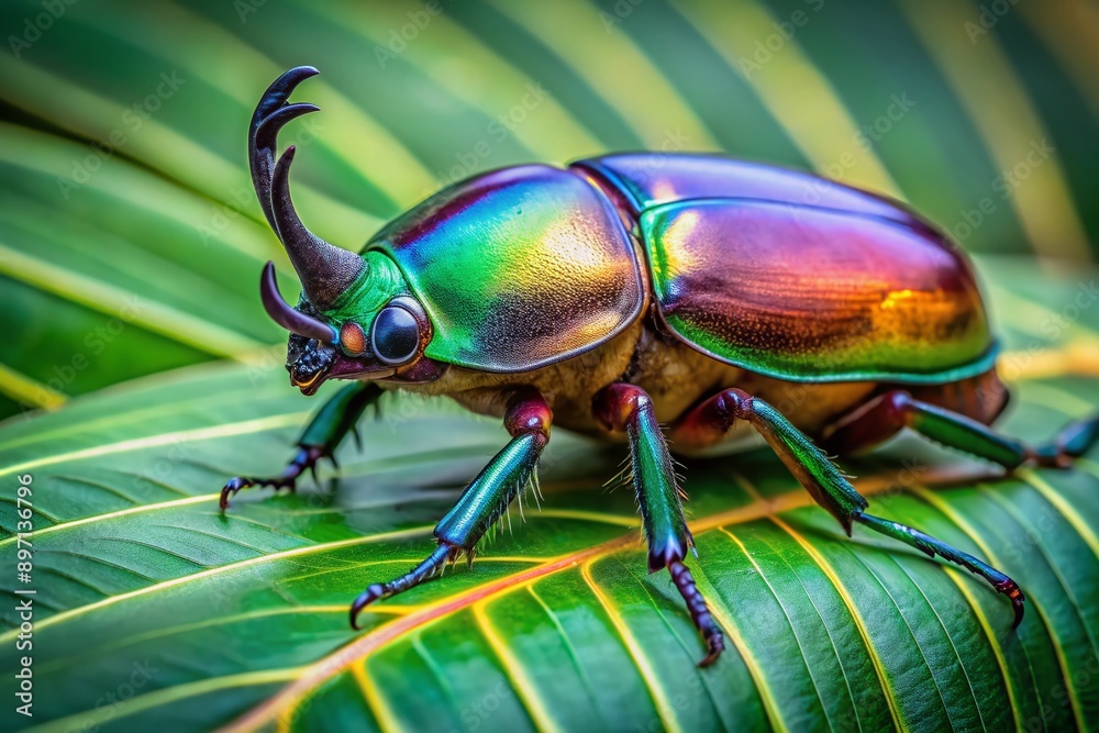 Vibrant close-up of a rhinoceros beetle on a lush green leaf, highlighting its striking horns and iridescent shell, set against a serene natural backdrop. Vibrant close-up of a rhinoceros beetle on a lush green leaf, highlighting its striking horns and iridescent shell, set against a serene natural backdrop.