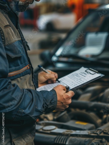 A person holding a clipboard stands next to a vehicle, possibly for note-taking or documentation purposes