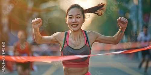 A young asian woman celebrates her victory as she crosses the finish line in a running race.