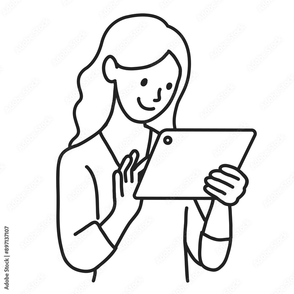 PNG Woman using digital tablet line art, collage element, transparent background PNG Woman using digital tablet line art, collage element, transparent background
