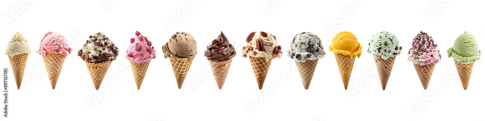 Variety Favours of Ice creme cones isolated on transparent background, 12 types of ice creme, different icecreme isolated png file, isolated ice creme stock photo
