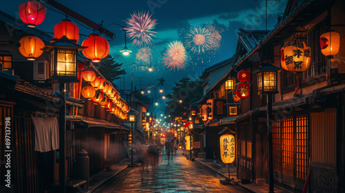 a image about Japan summer Festival, night, with fireworks in the sky, japanese travel poster