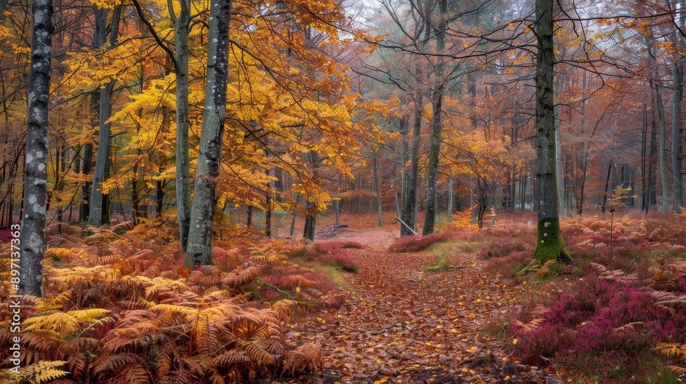 Naklejka premium A picturesque path winds through a vibrant autumn forest. Golden leaves blanket the ground, while tall trees stand proudly. Sunlight filters through the canopy, illuminating the path and casting warm 