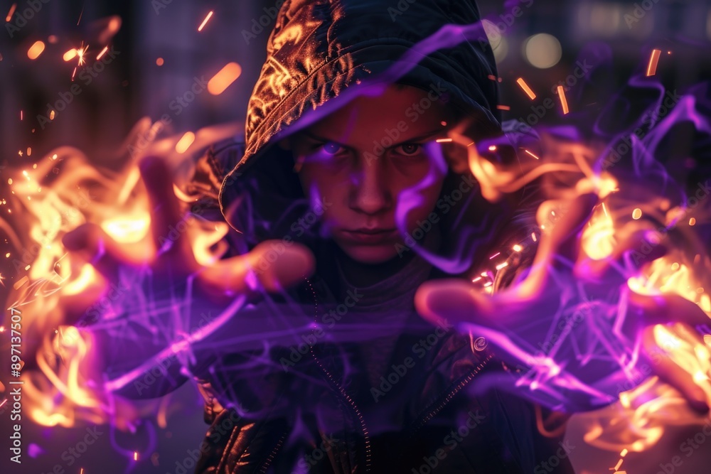 A person wearing a hood holds a purple light in their hand, perfect for depicting a mysterious figure or an otherworldly being A person wearing a hood holds a purple light in their hand, perfect for depicting a mysterious figure or an otherworldly being