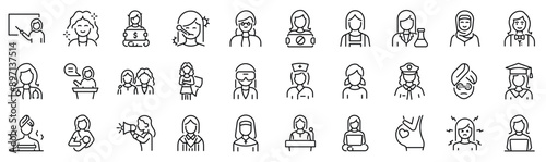 Set of 30 outline icons related to women. Linear icon collection. Editable stroke. Vector illustration