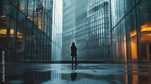 A person standing in the middle of a city street, surrounded by modern glass buildings. The image symbolizes urban life, business, success, reflection, and solitude.